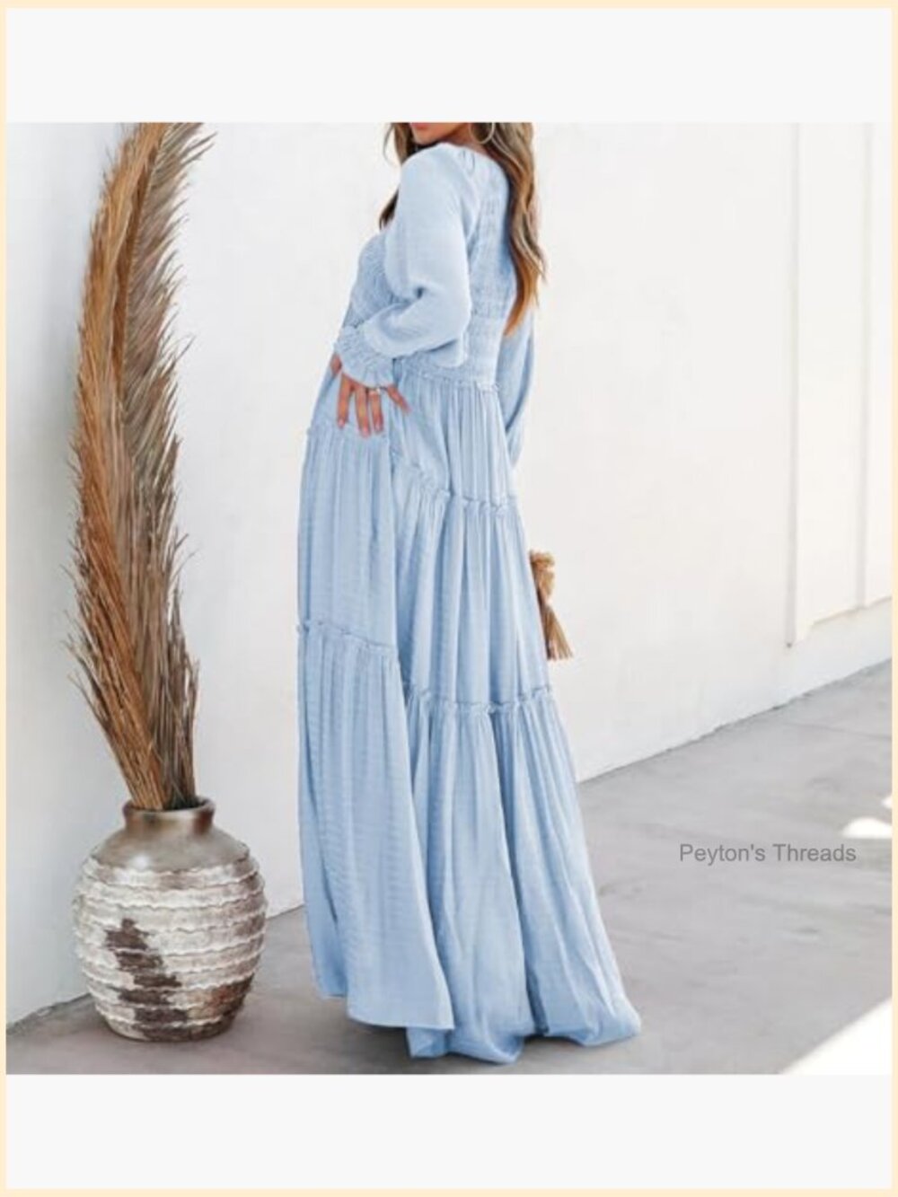 Maxi Dress Long Sleeve V Neck Empire Waist Ruffle Boho Casual Flowy - Picture 3 of 7